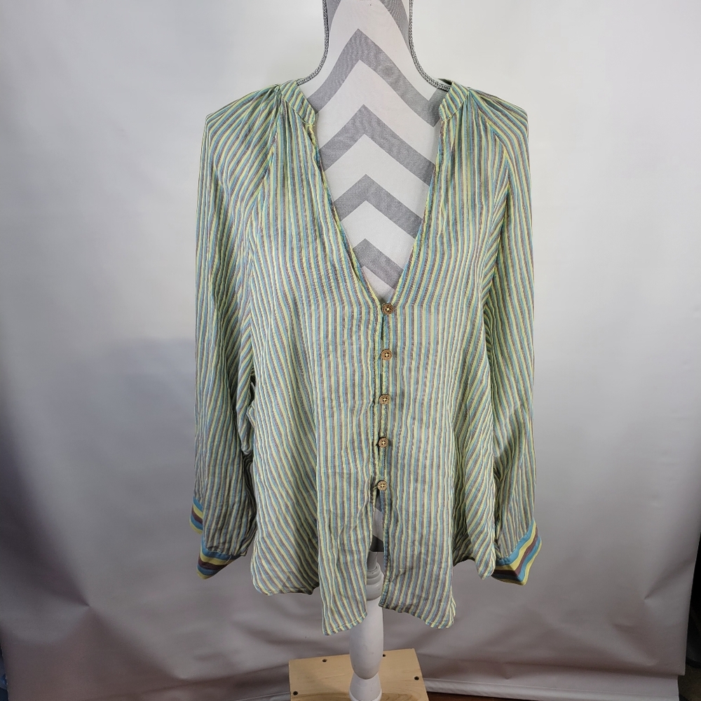 Free People Gauzy Striped Long Sleeve High Low Top Size XL Roll tab Sleeves